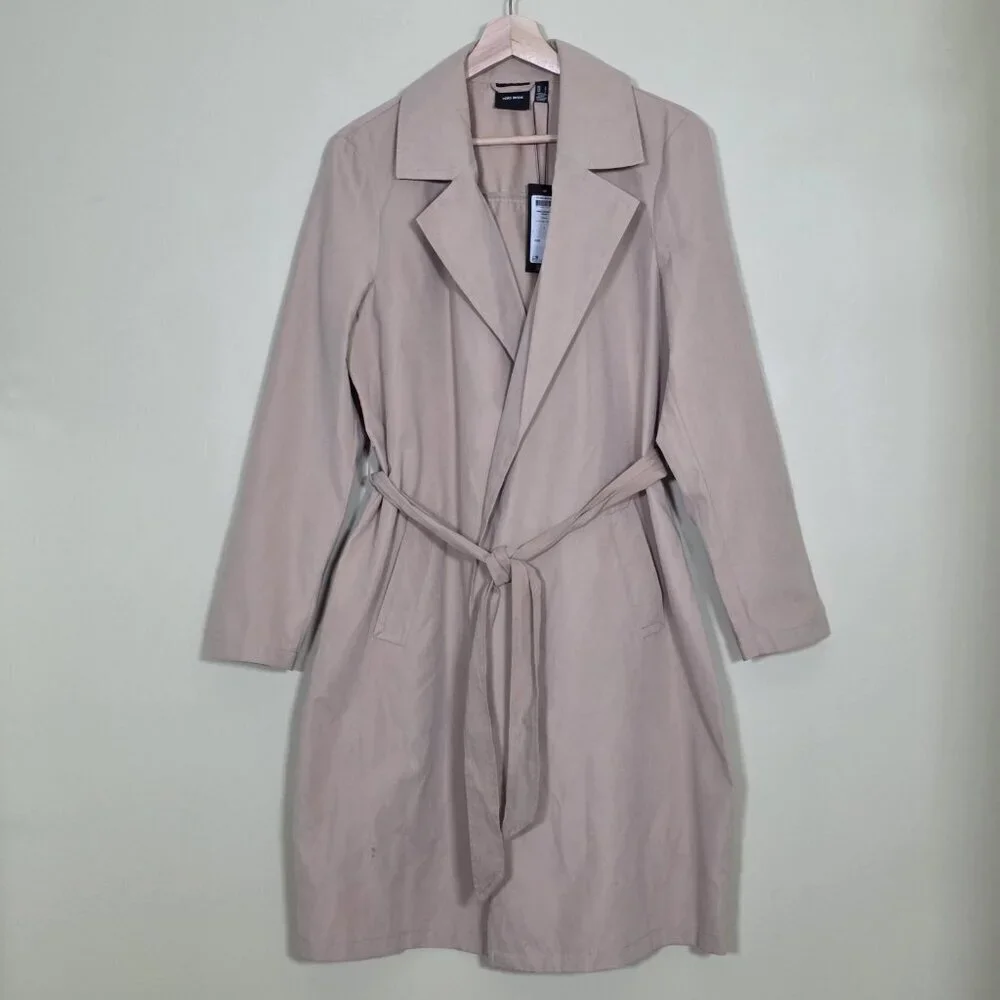 Vero Moda Wrap Coat Womens L Beige Belted Mid Length Pockets Lightweight Preppy